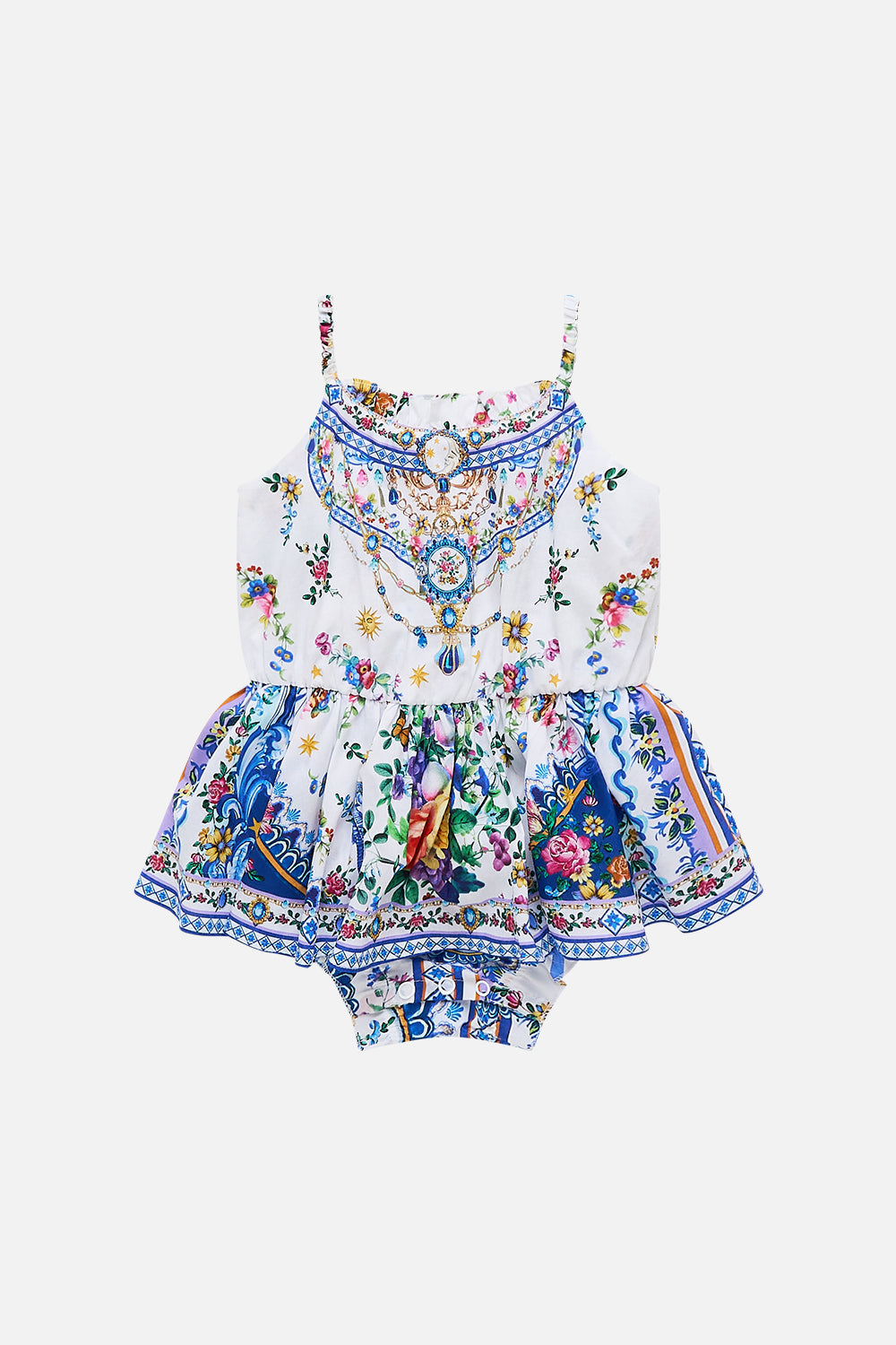 The CAMILLA Babies Jump Dress With Frill Neck in our Tiles Darls print.