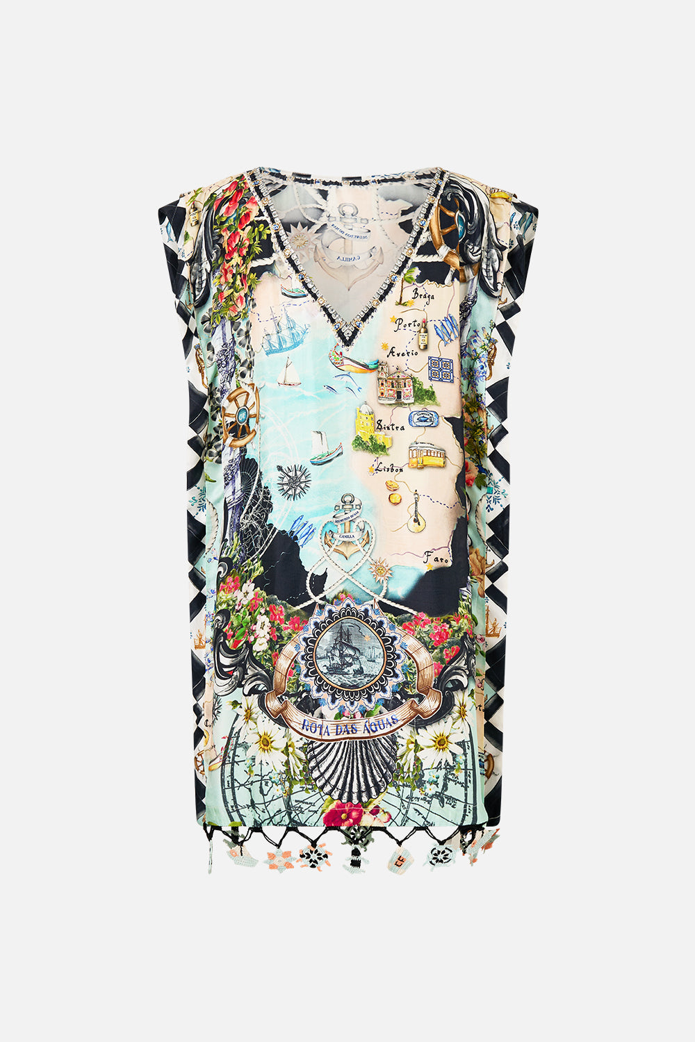 The CAMILLA Gusset Tunic Short Kaftan in our Folk Afloat print.