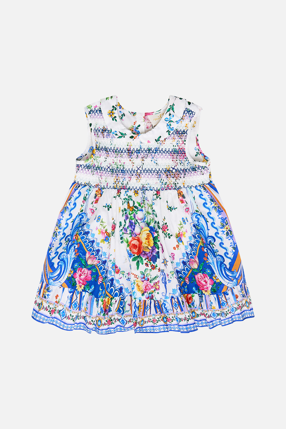The CAMILLA Babies Shirred Dress With Peter Pan Collar in our Tiles Darls print.