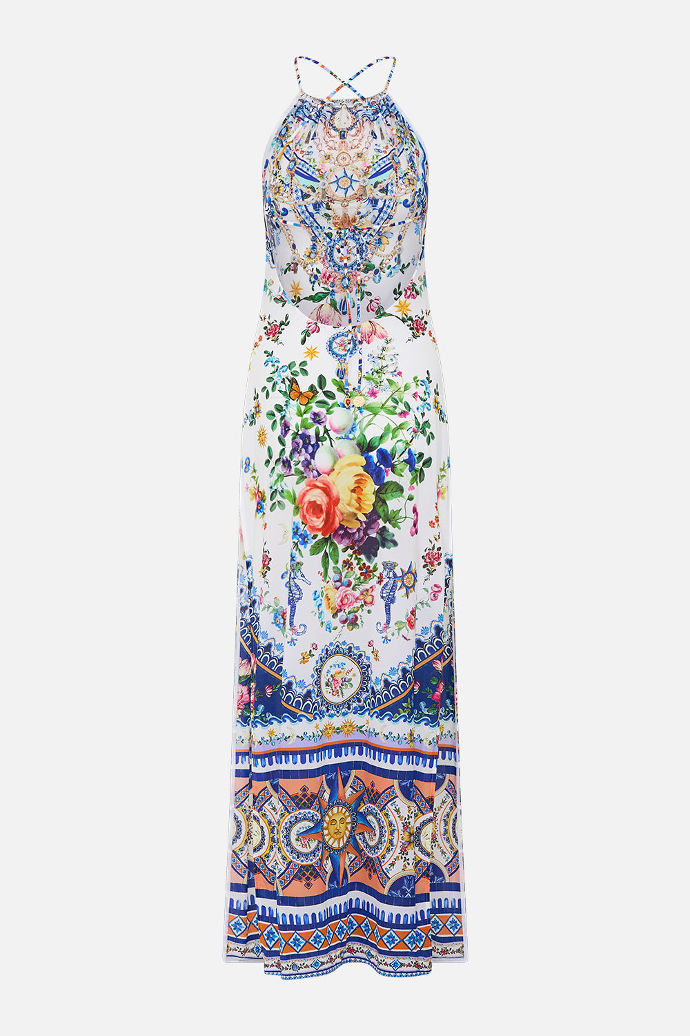 The CAMILLA High Neck Maxi Dress With Tie Back in our Tiles Darls print.