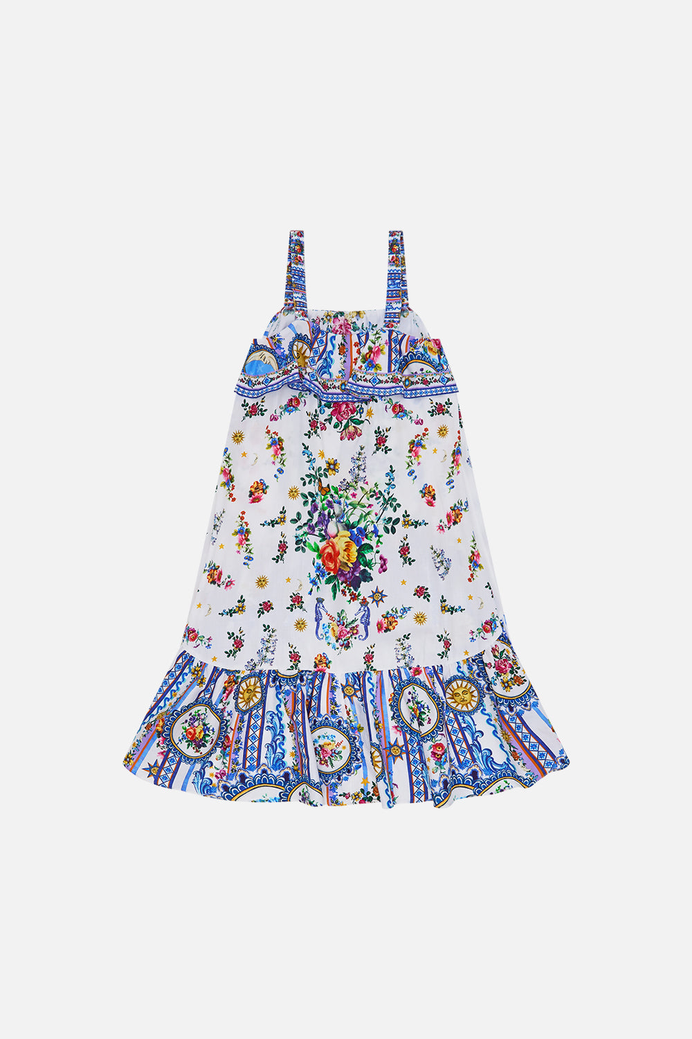 The CAMILLA Kids Wide Strap High Low Dress W Frills 4-10 in our Tiles Darls print.