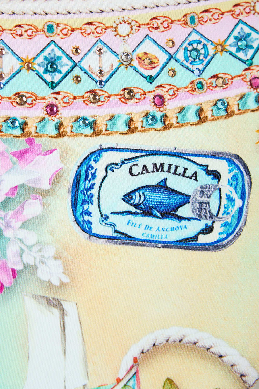 The CAMILLA Regular Bikini Bottom With Ruched Knot Sides in our Just Coasting print.