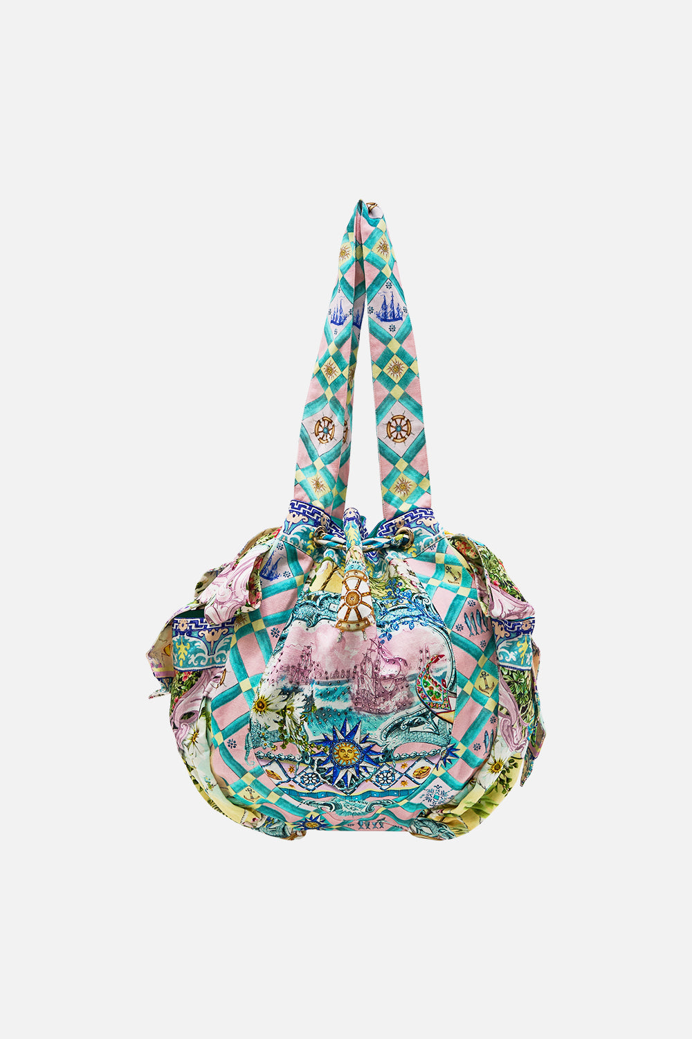 The CAMILLA Drawstring Bow Beach Bag in our Just Coasting print.