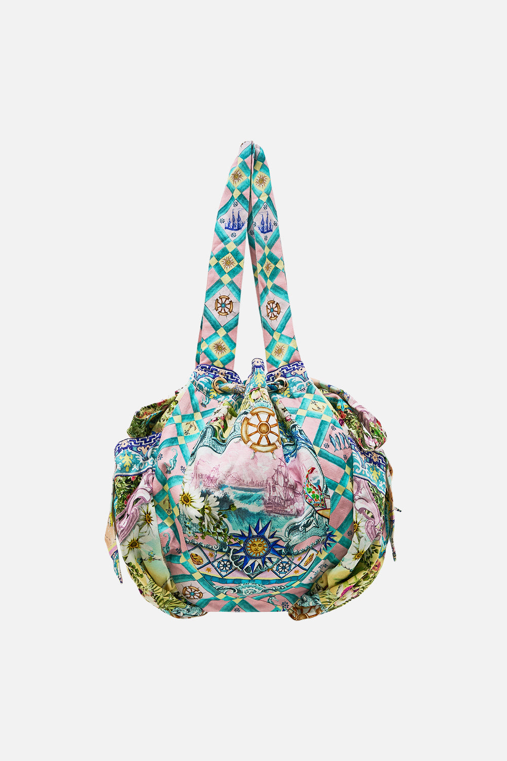 The CAMILLA Drawstring Bow Beach Bag in our Just Coasting print.