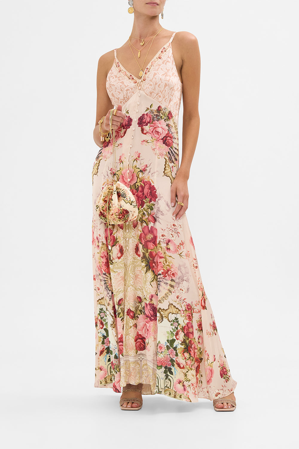 The CAMILLA Drawstring Pouch Bag With Chain Strap in our Meet Me At The Majestic print.