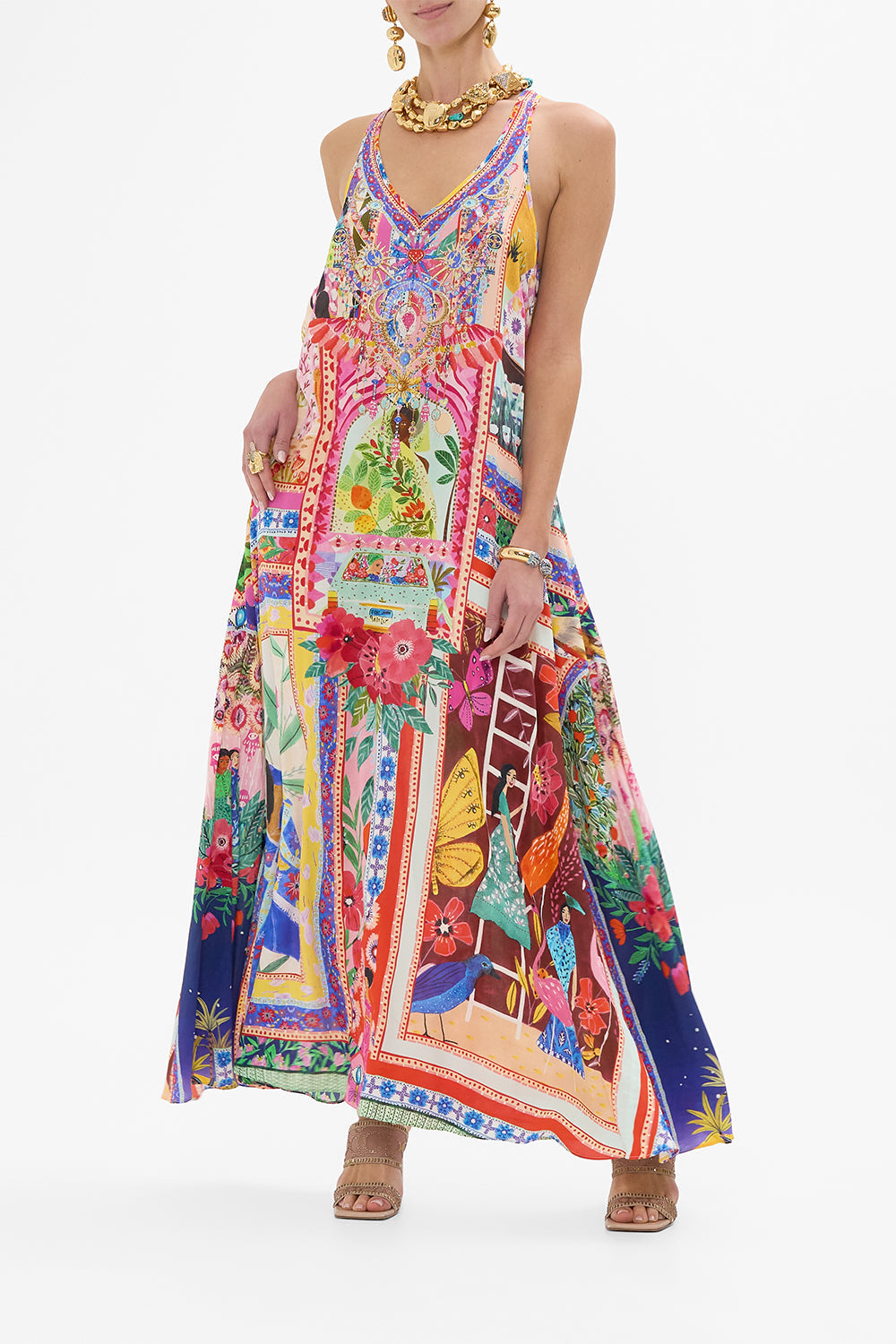 CAMILLA V Neck Racerback Dress in Roeqiyas Realm print.