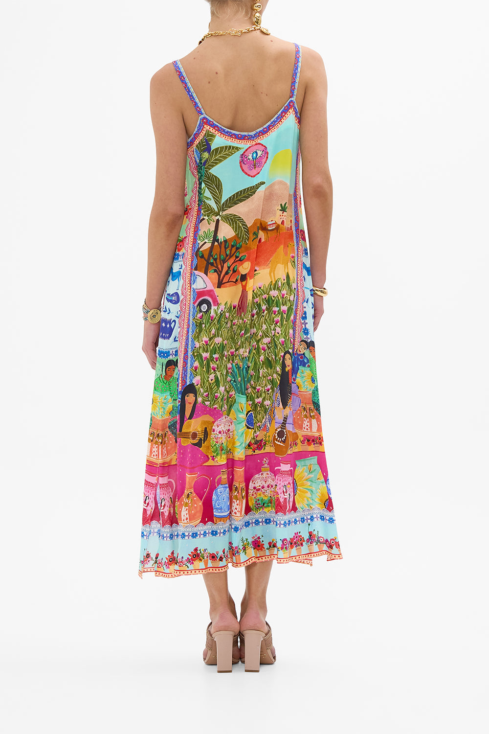 CAMILLA V Neck Midi Slip Dress in Queens of Creation print.