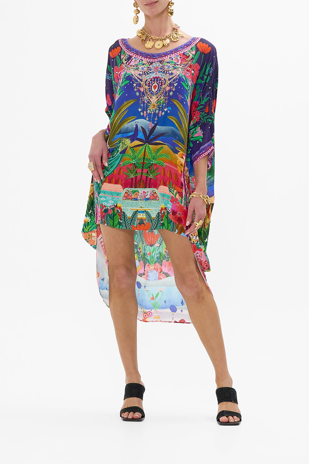 CAMILLA scoop back hem dress in Midnight Muses print