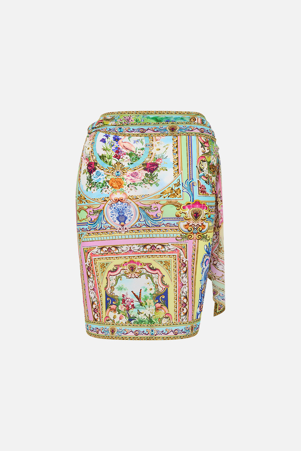 The CAMILLA Eyelet Wrap Mini Skirt With Tie Waist in our Spirit Of Santa Maria print.