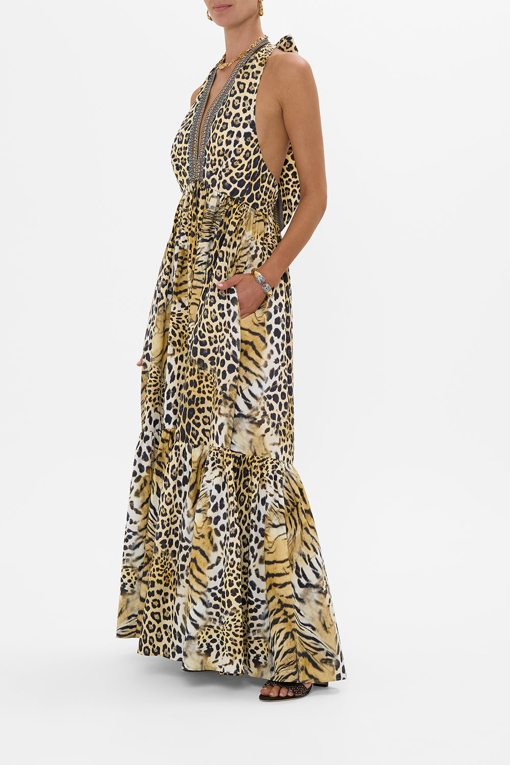 RUFFLE HEM HALTER DRESS JAGUAR