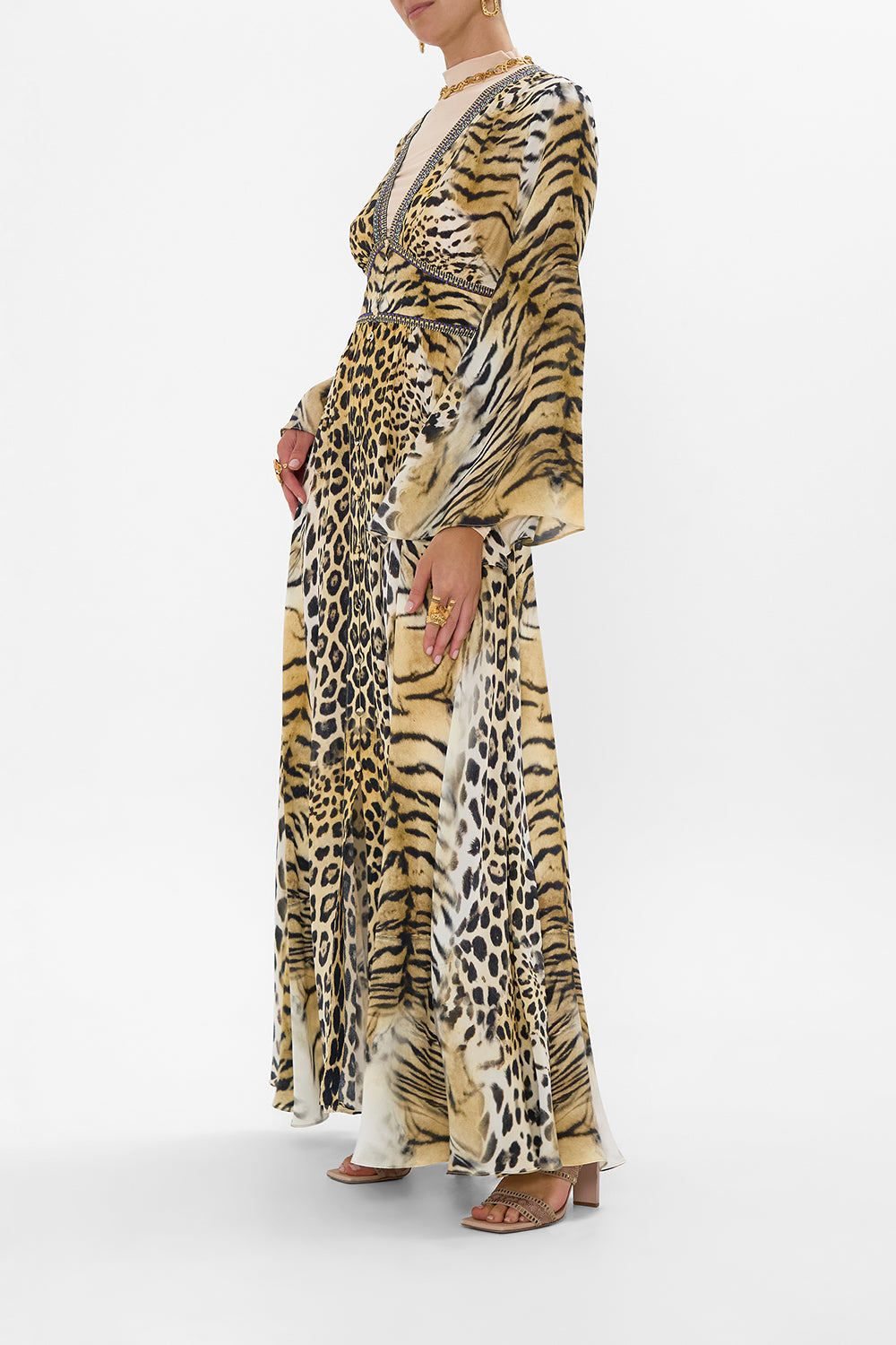 KIMONO SLEEVE DRESS WITH SHIRRING DETAIL JAGUAR