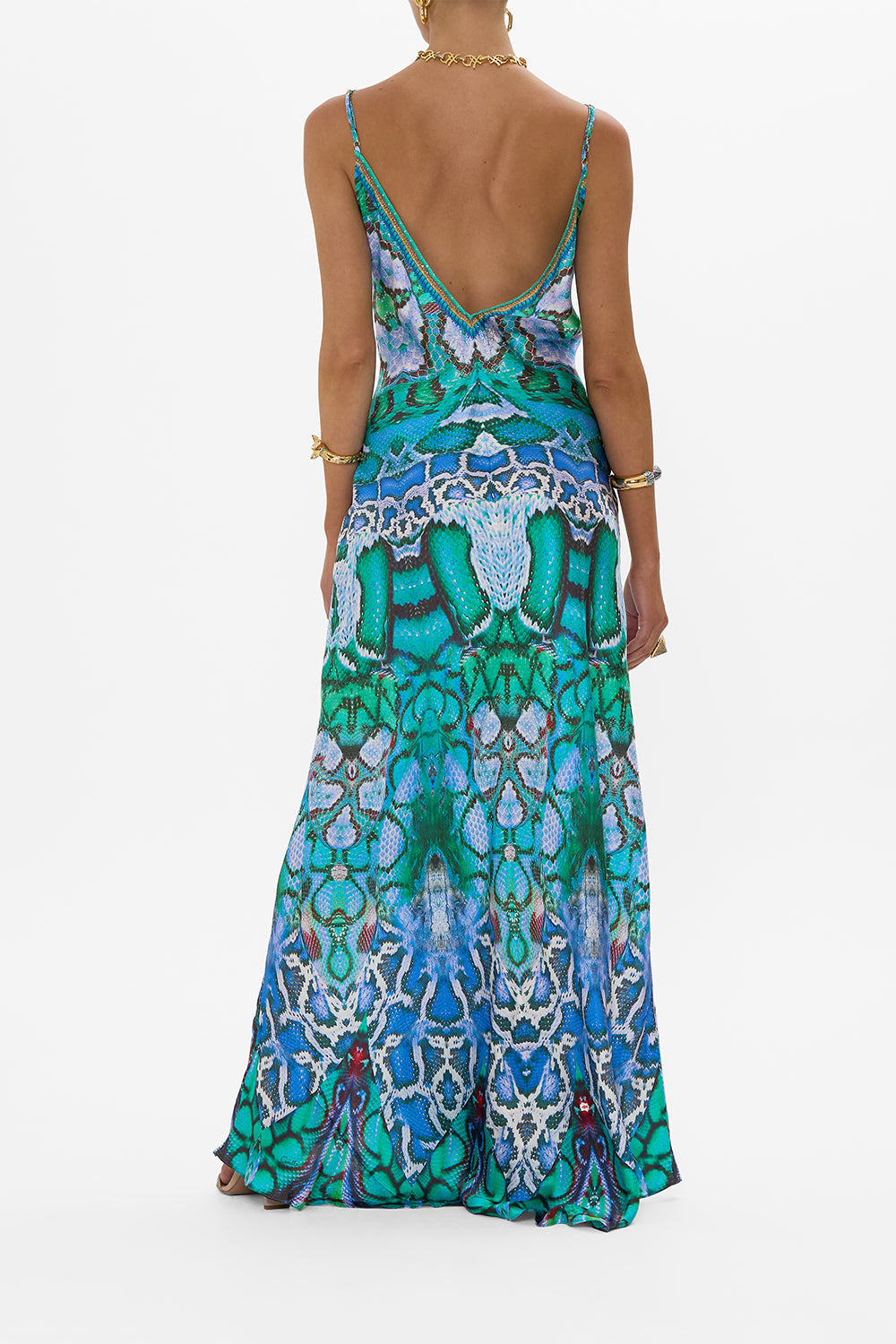 V NECK LONG BIAS SLIP DRESS WITH TRAIN LAND OF WONDER