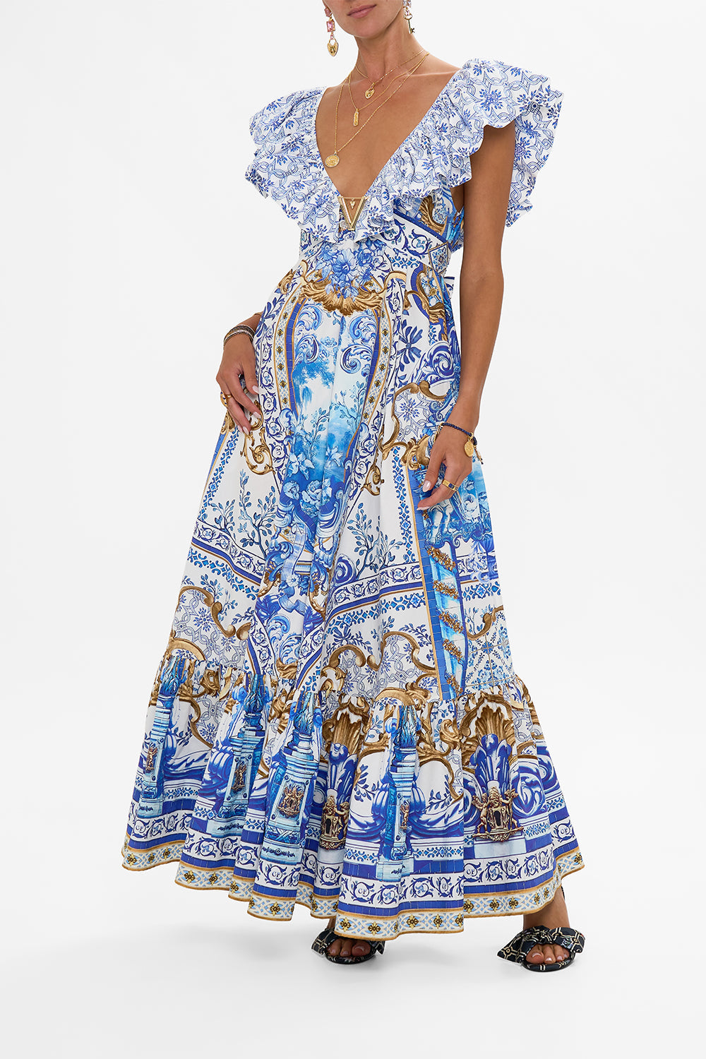 CAMILLA Frill Neck Dress With Hardware in Azul Adventures print