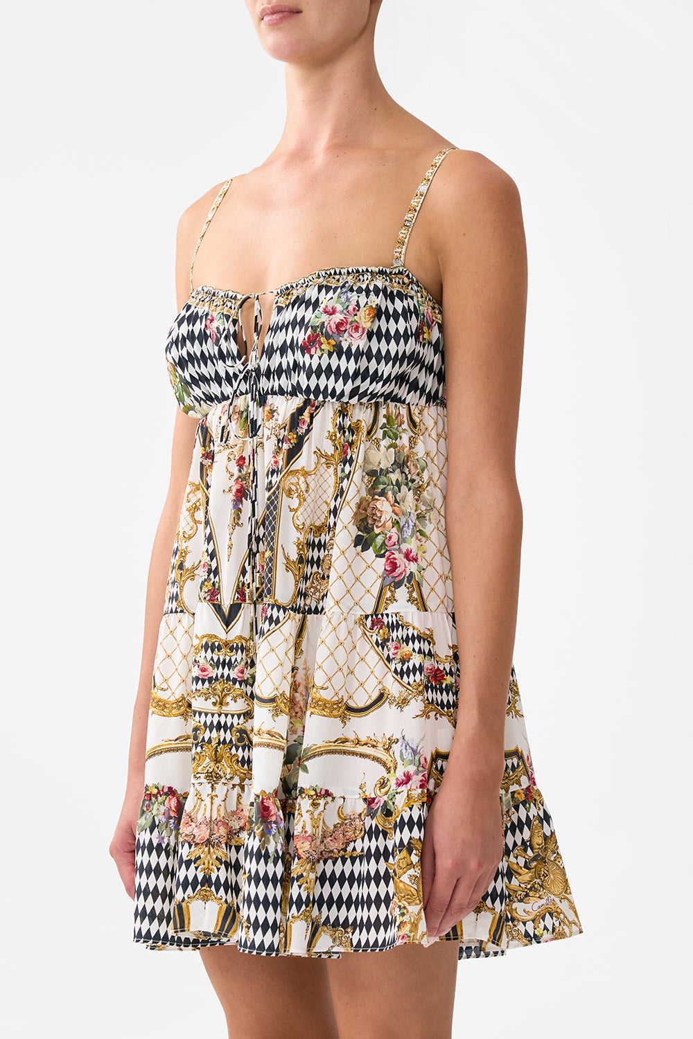 GATHERED BUST TIERED MINI DRESS ROCOCO GLOW