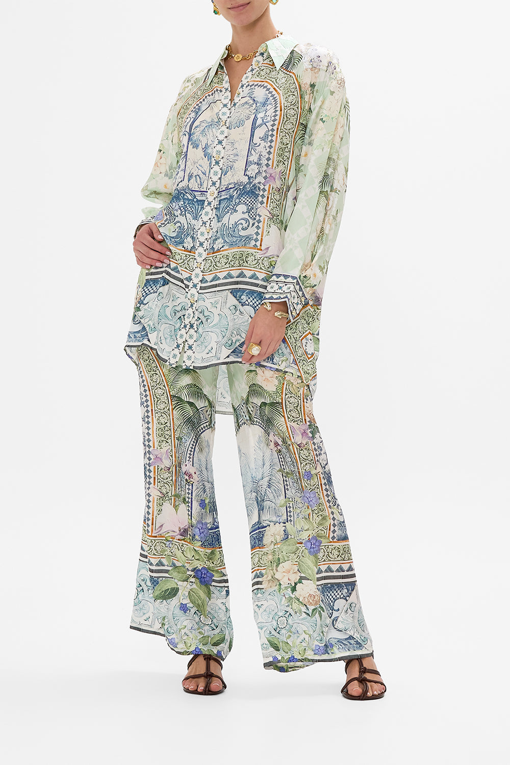 CAMILLA Long Line Shirt With Yoke And Button Detail in Jardim Party print