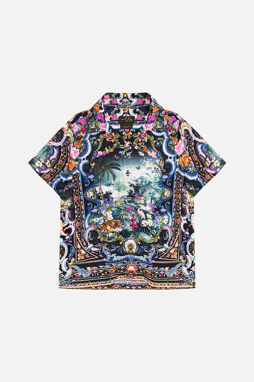 The CAMILLA Boys Short Sleeve Camp Collared Shirt 4-10 in our Basked In Baroque print.