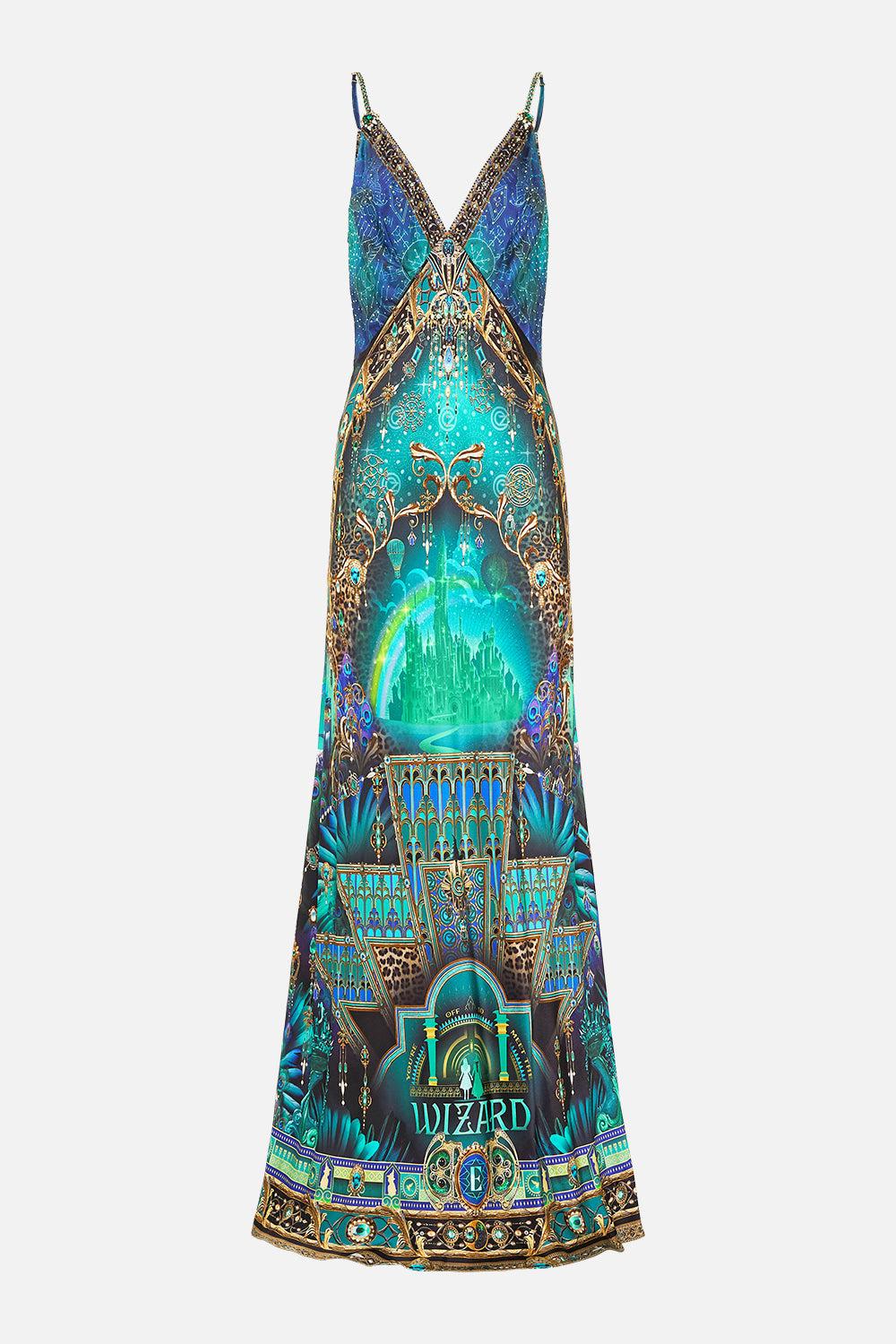 V NECK LONG BIAS SLIP DRESS WITH TRAIN DEFY GRAVITY