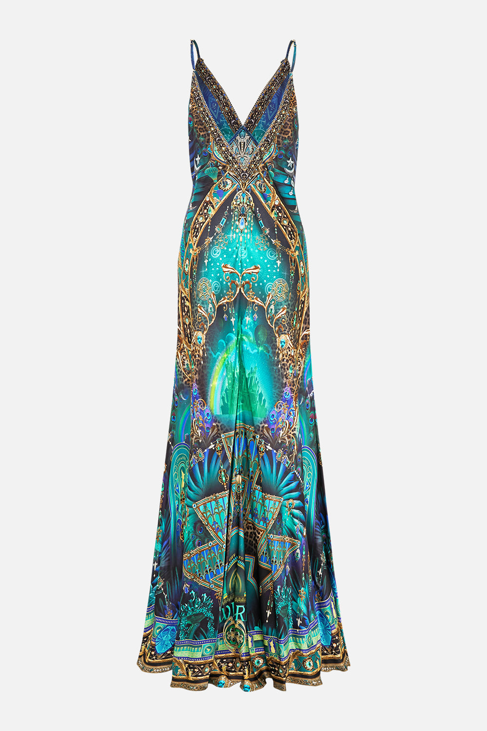 V NECK LONG BIAS SLIP DRESS WITH TRAIN DEFY GRAVITY