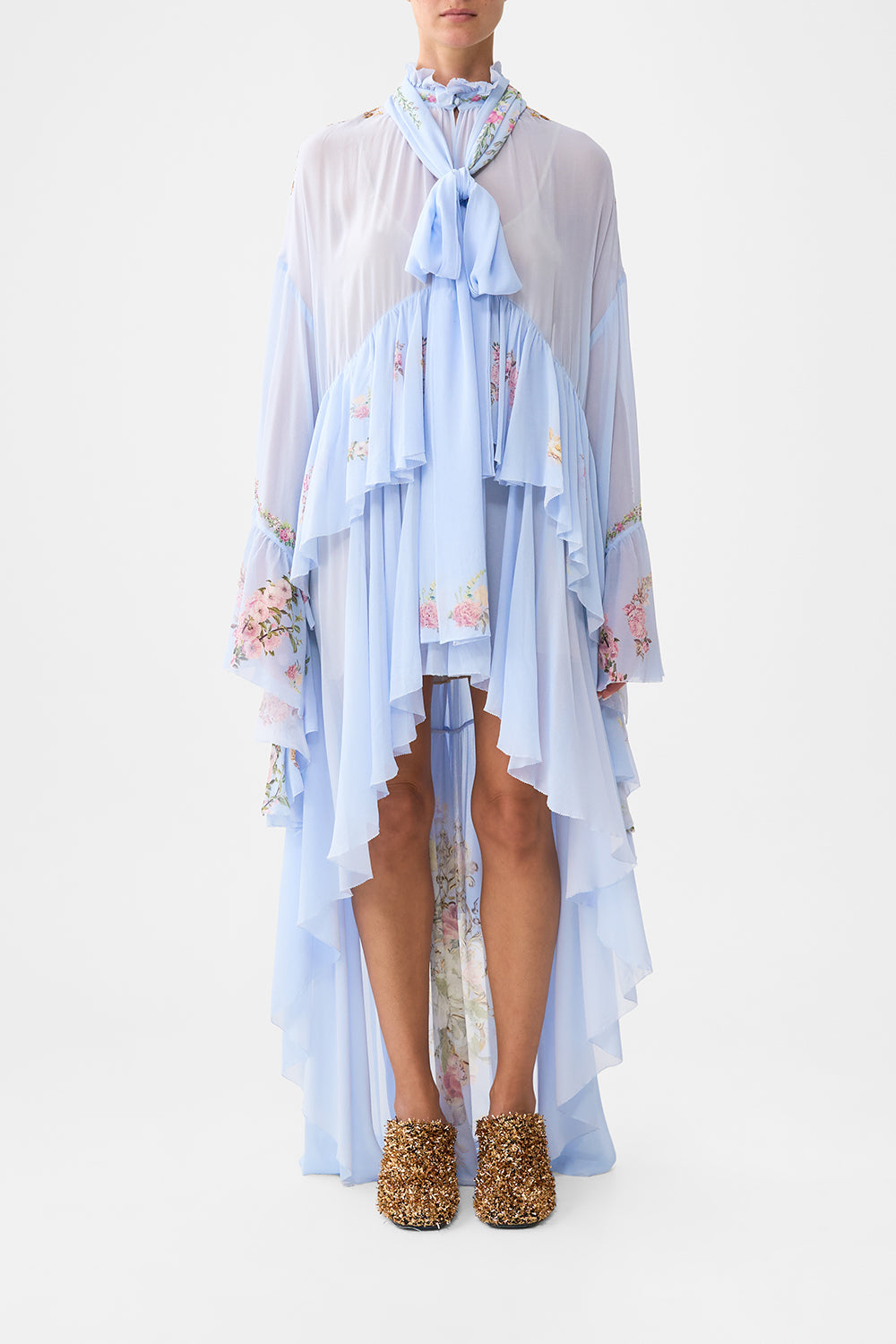 RUFFLE HIGH LOW DRESS WITH LONG SLEEVE TILED IN TIME