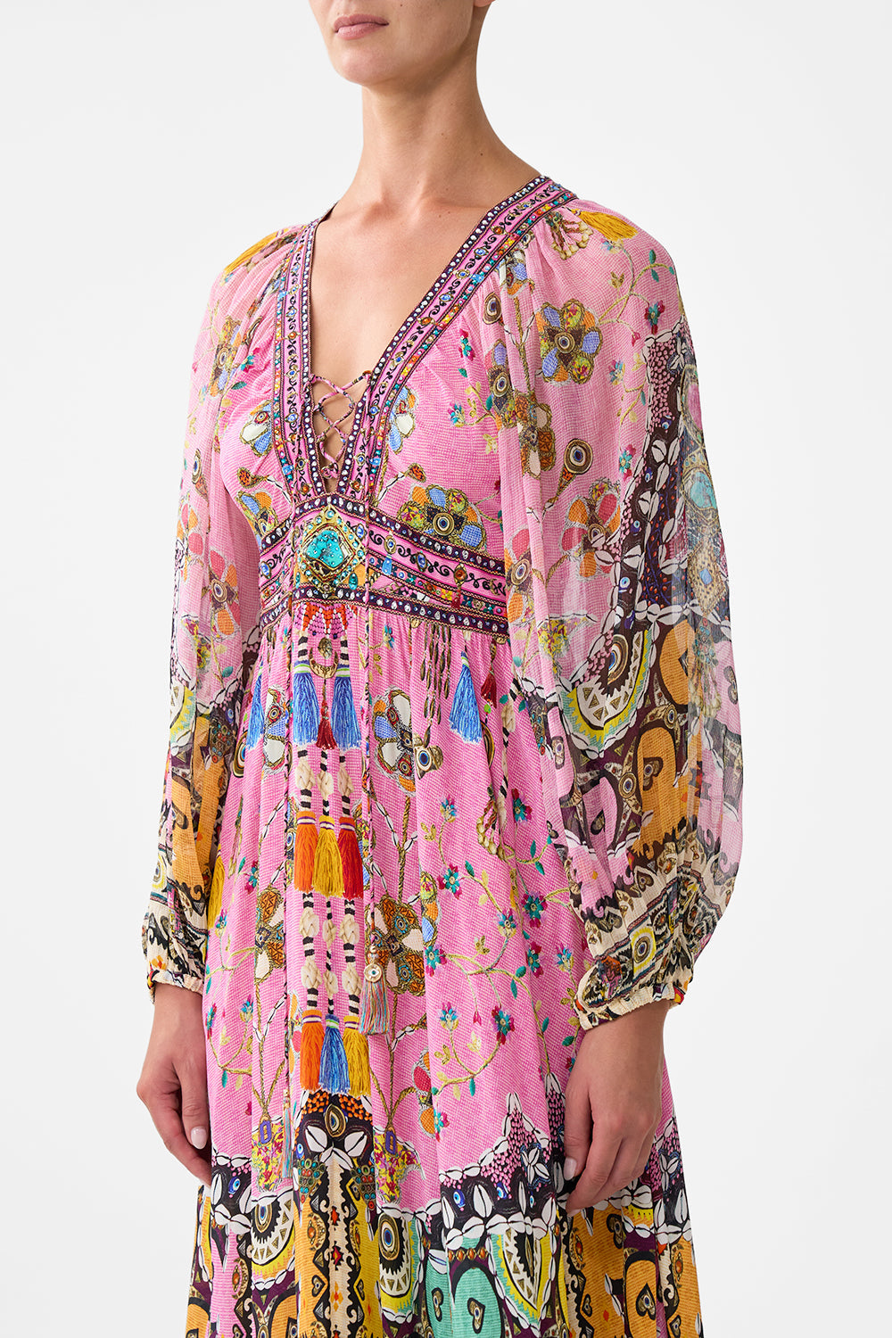 LACE UP FRONT LONG DRESS PATCHWORK PANORAMA