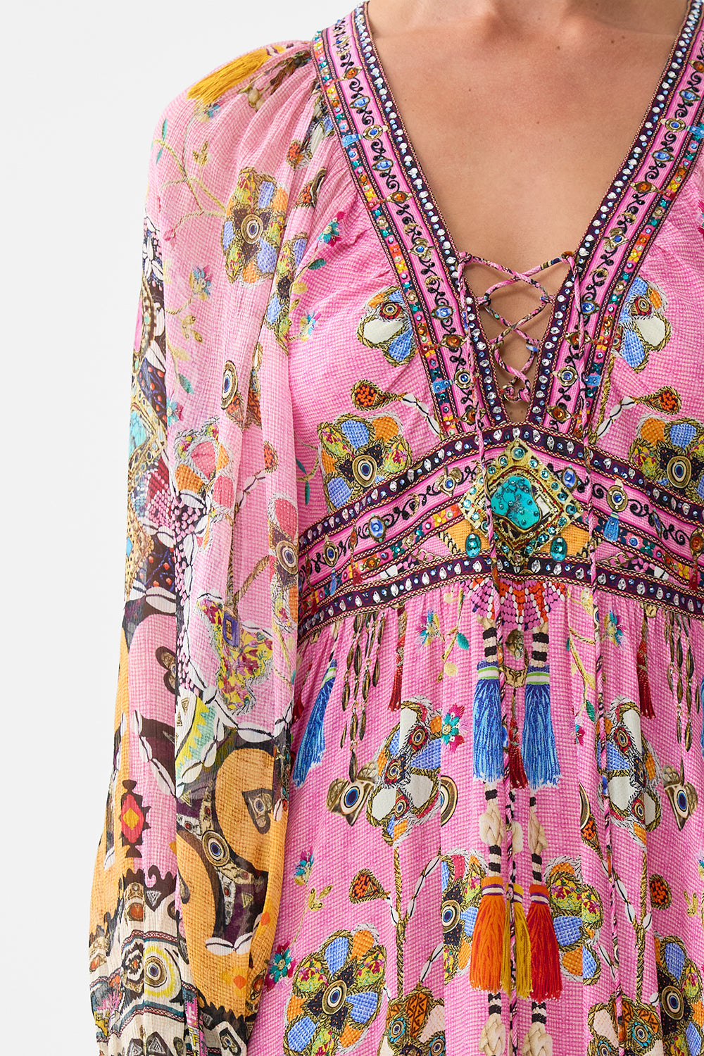 LACE UP FRONT LONG DRESS PATCHWORK PANORAMA