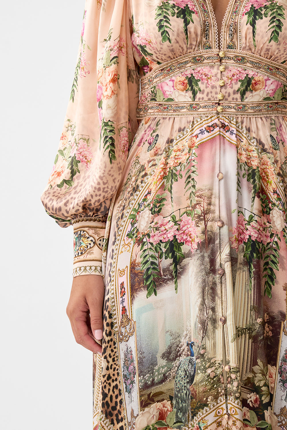 SHAPED WAISTBAND DRESS WITH GATHERED SLEEVES WATERCOLOUR WONDERLAND