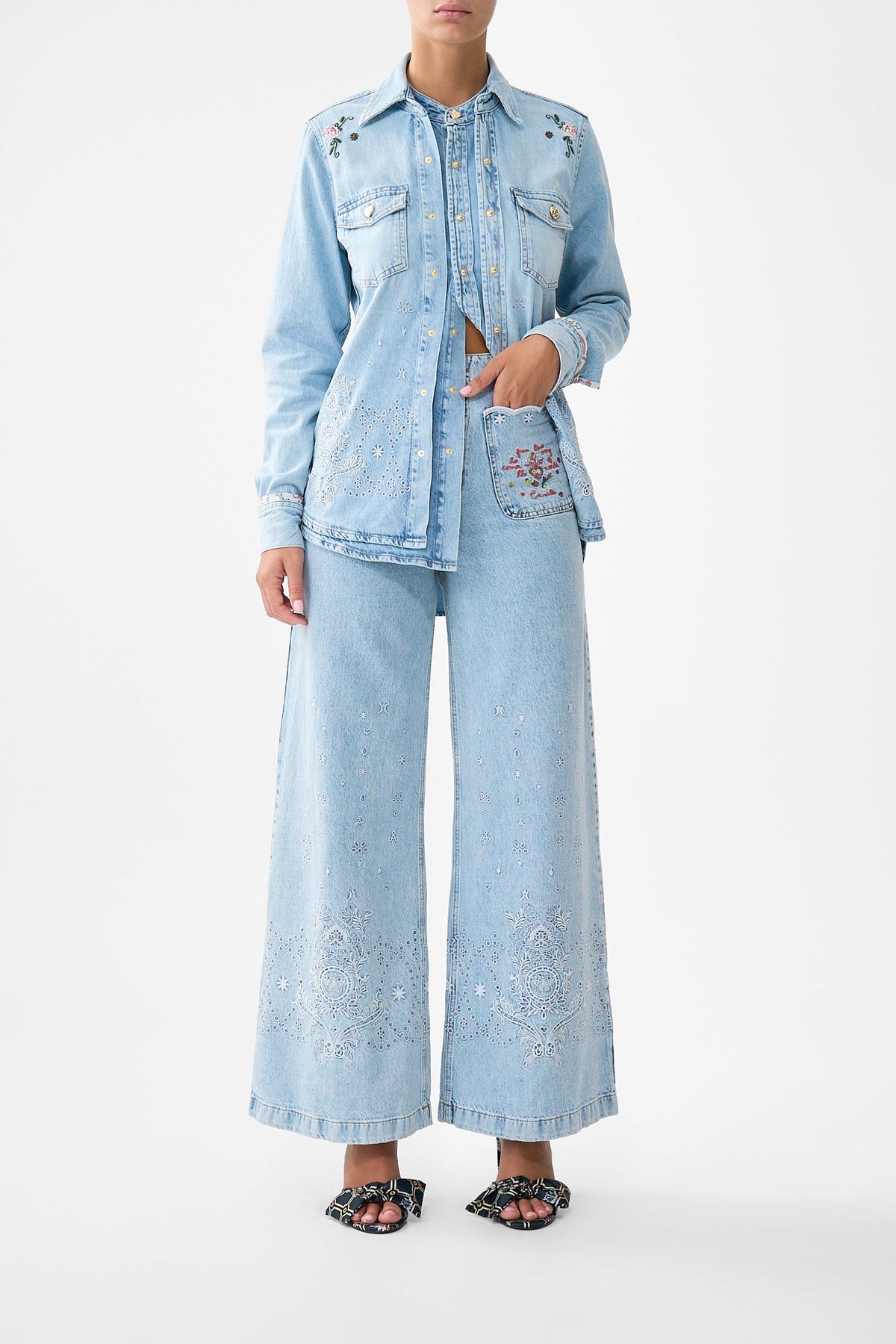 The CAMILLA Luna Kitsch Stitch High Rise Wide Leg Jean in our Denim print.