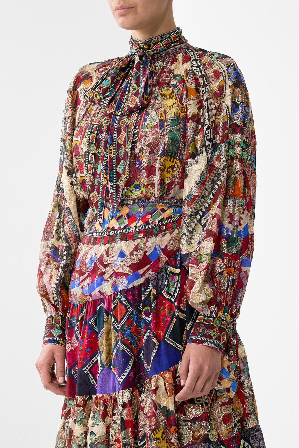 DETACHABLE PUSSY BOW RAGLAN BLOUSE PATCHWORK ALCHEMY