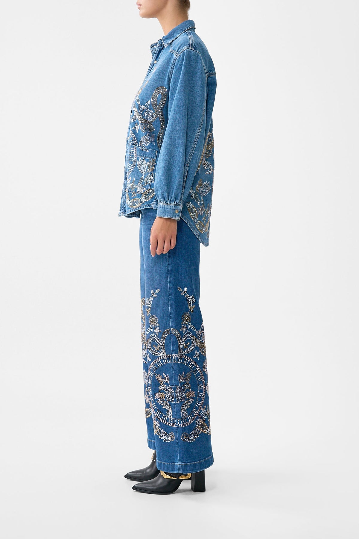 The CAMILLA Lalita Ace Of Lace Long Line Shirt in our Denim print.