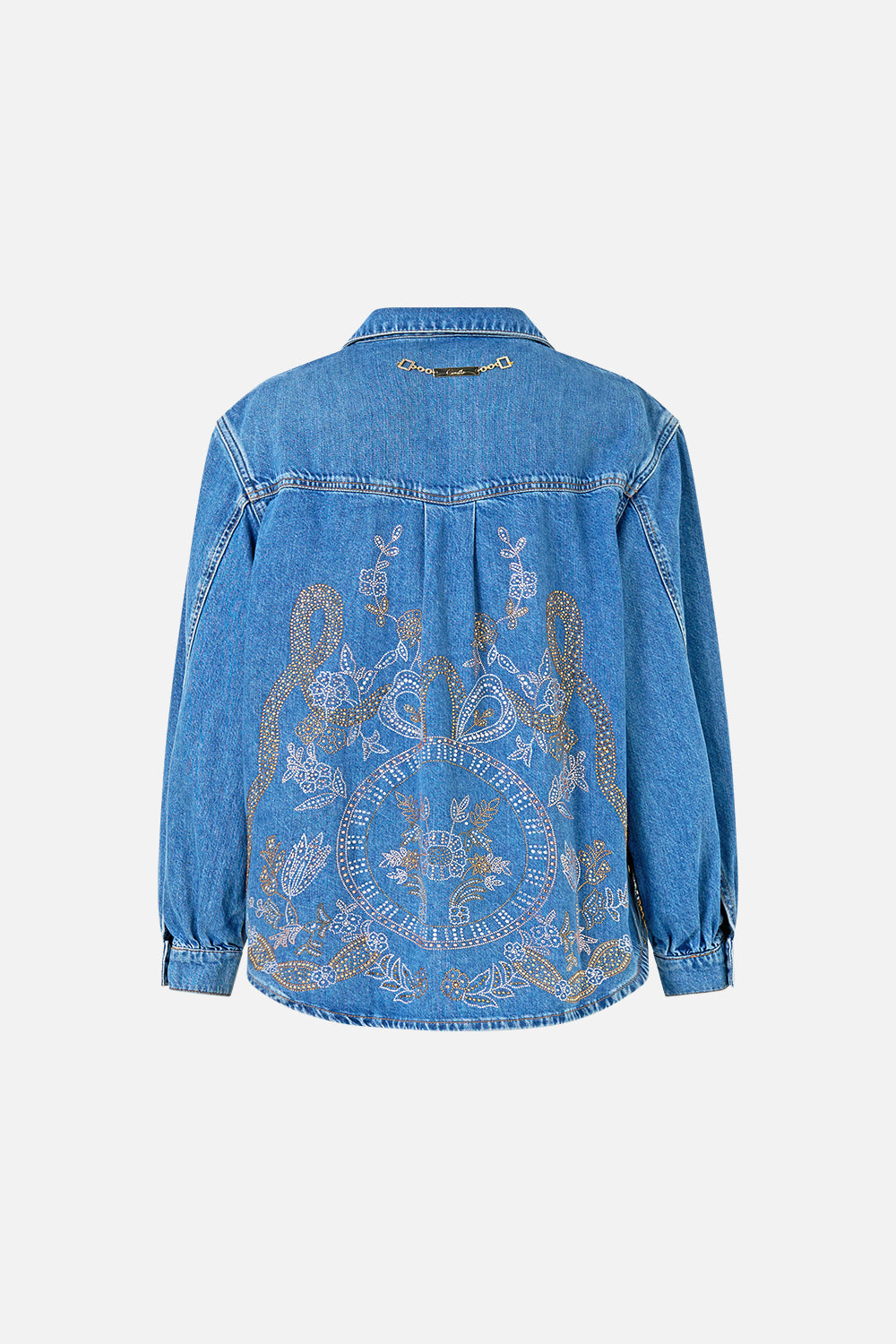 The CAMILLA Lalita Ace Of Lace Long Line Shirt in our Denim print.