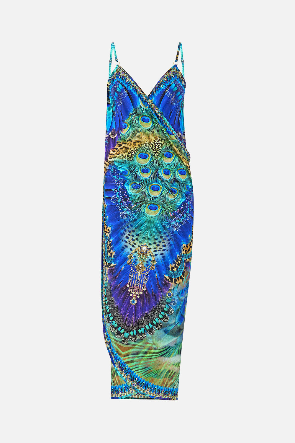 WRAP FRONT BACKLESS BEACH MIDI DRESS WITH TRIMS COSMIC ZOOLOGY