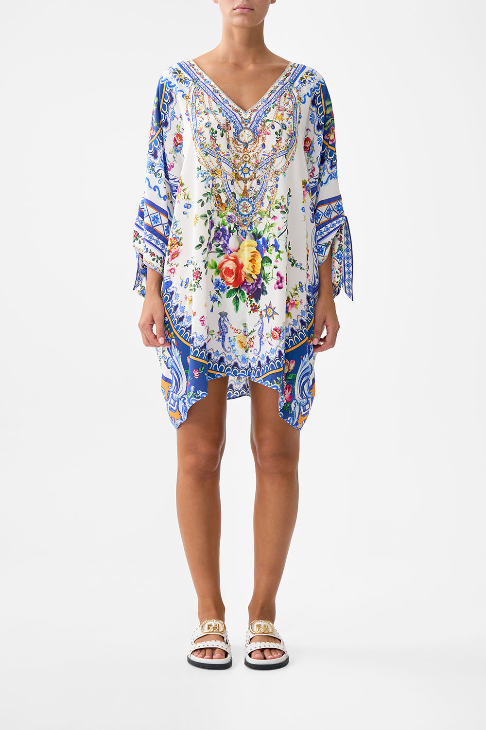 The CAMILLA Tie Sleeve Short V Neck Kaftan in our Tiles Darls print.