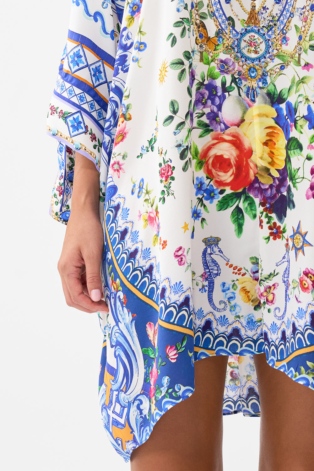 The CAMILLA Tie Sleeve Short V Neck Kaftan in our Tiles Darls print.