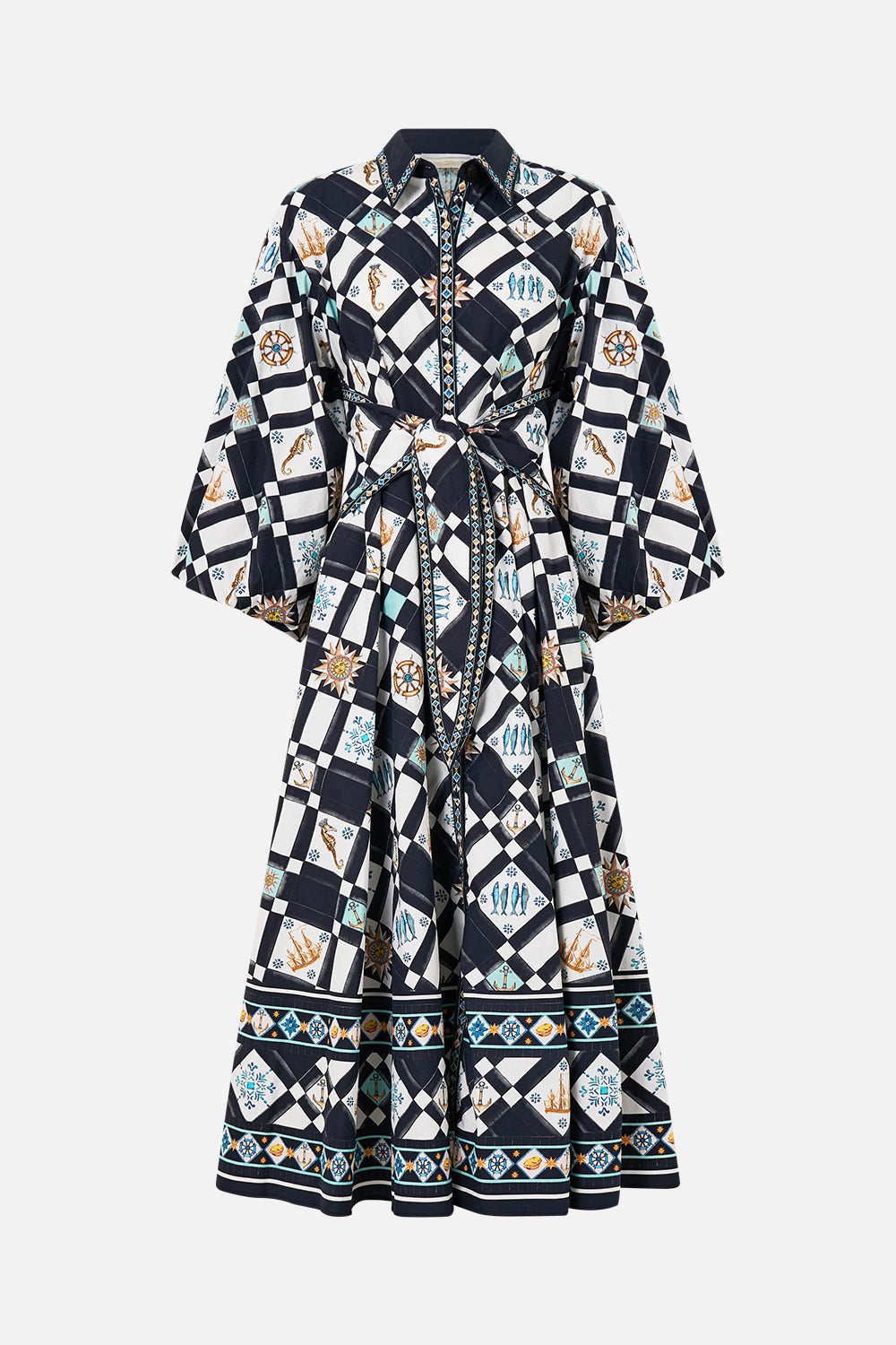 The CAMILLA Waist Tie Shirt Dress With Bubble Sleeve in our Folk Afloat print.