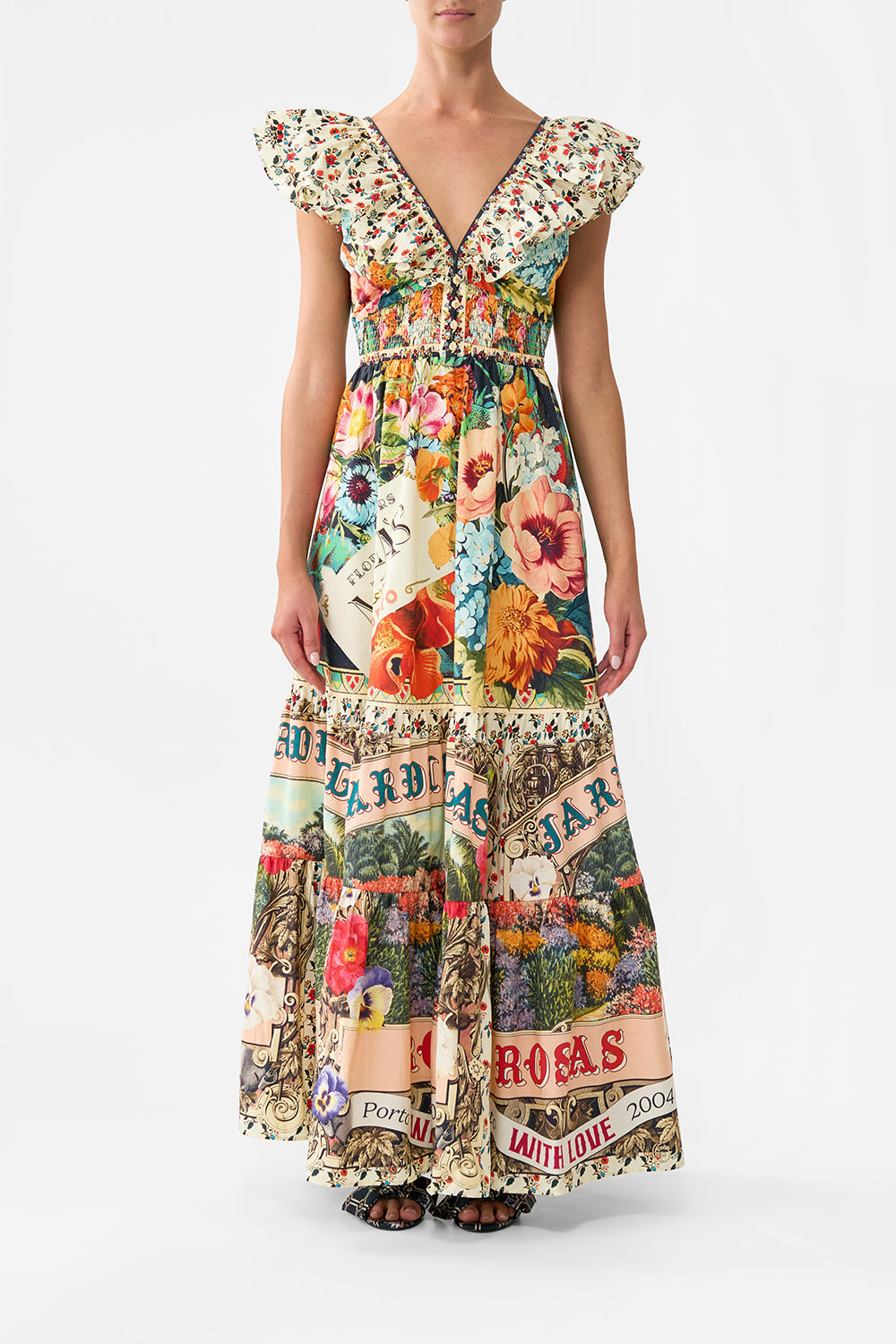 The CAMILLA Tiered Dress With Neck Frill in our Aromatic Amor print.