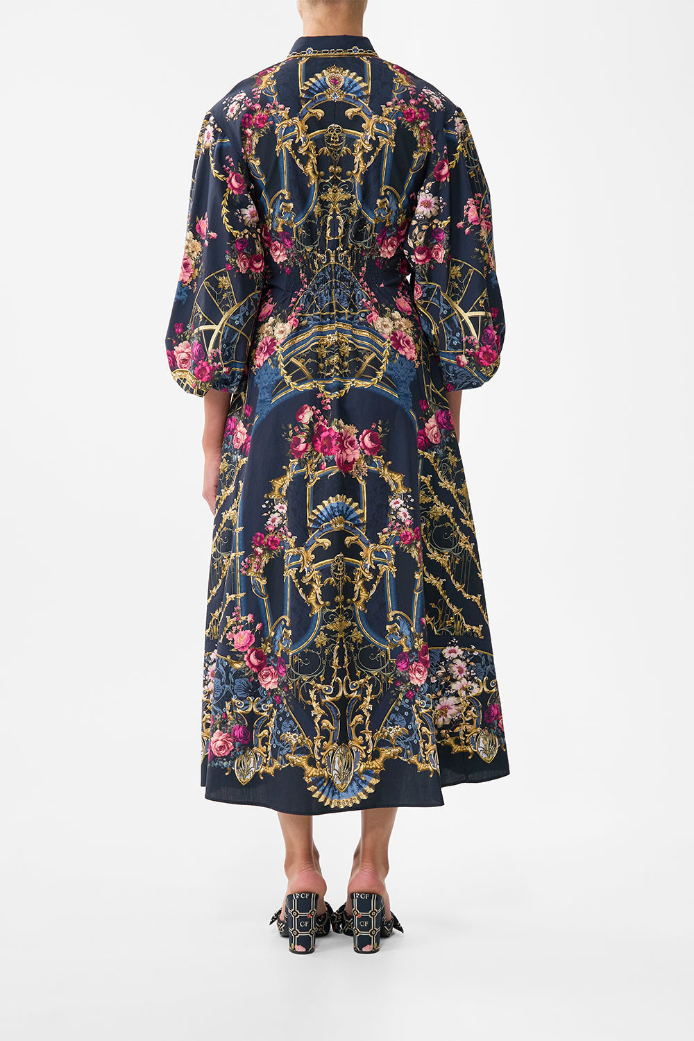 The CAMILLA Waist Tie Shirt Dress With Bubble Sleeve in our Ornate On A Plate print.