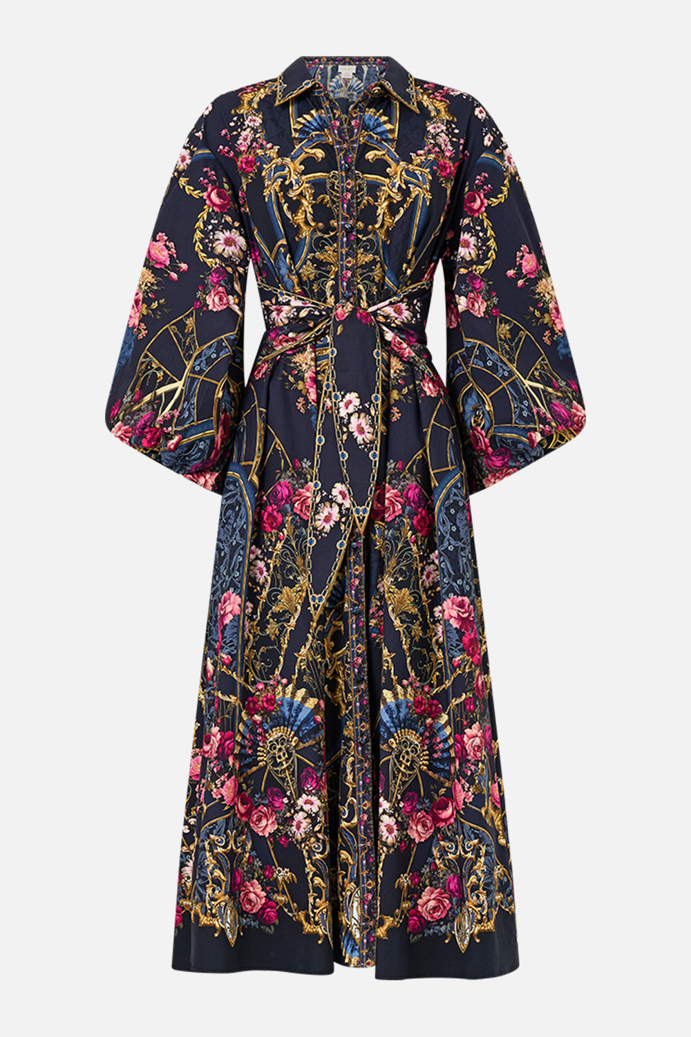 The CAMILLA Waist Tie Shirt Dress With Bubble Sleeve in our Ornate On A Plate print.