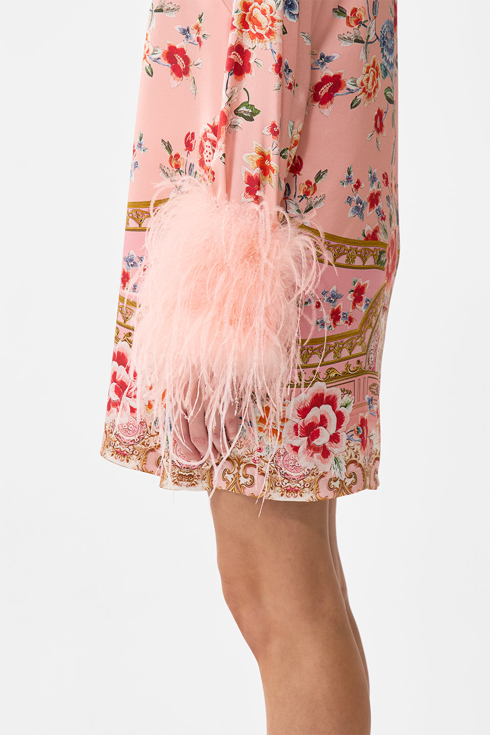 The CAMILLA Mini Shirt Dress With Feathers in our Majestic Milla print.