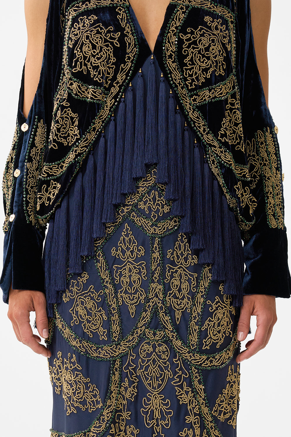 PLUNGE NECK DRAPED SHOULDER DRESS THE IMPERIAL GATE