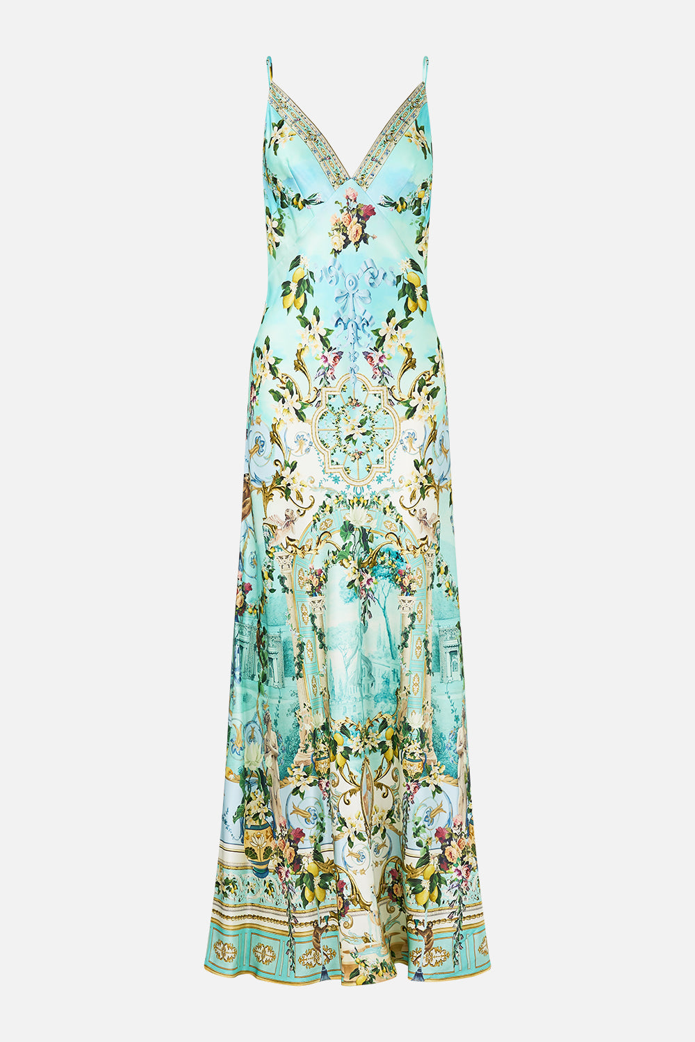 V NECK LONG BIAS SLIP DRESS WITH TRAIN VENUS ON A VESPA