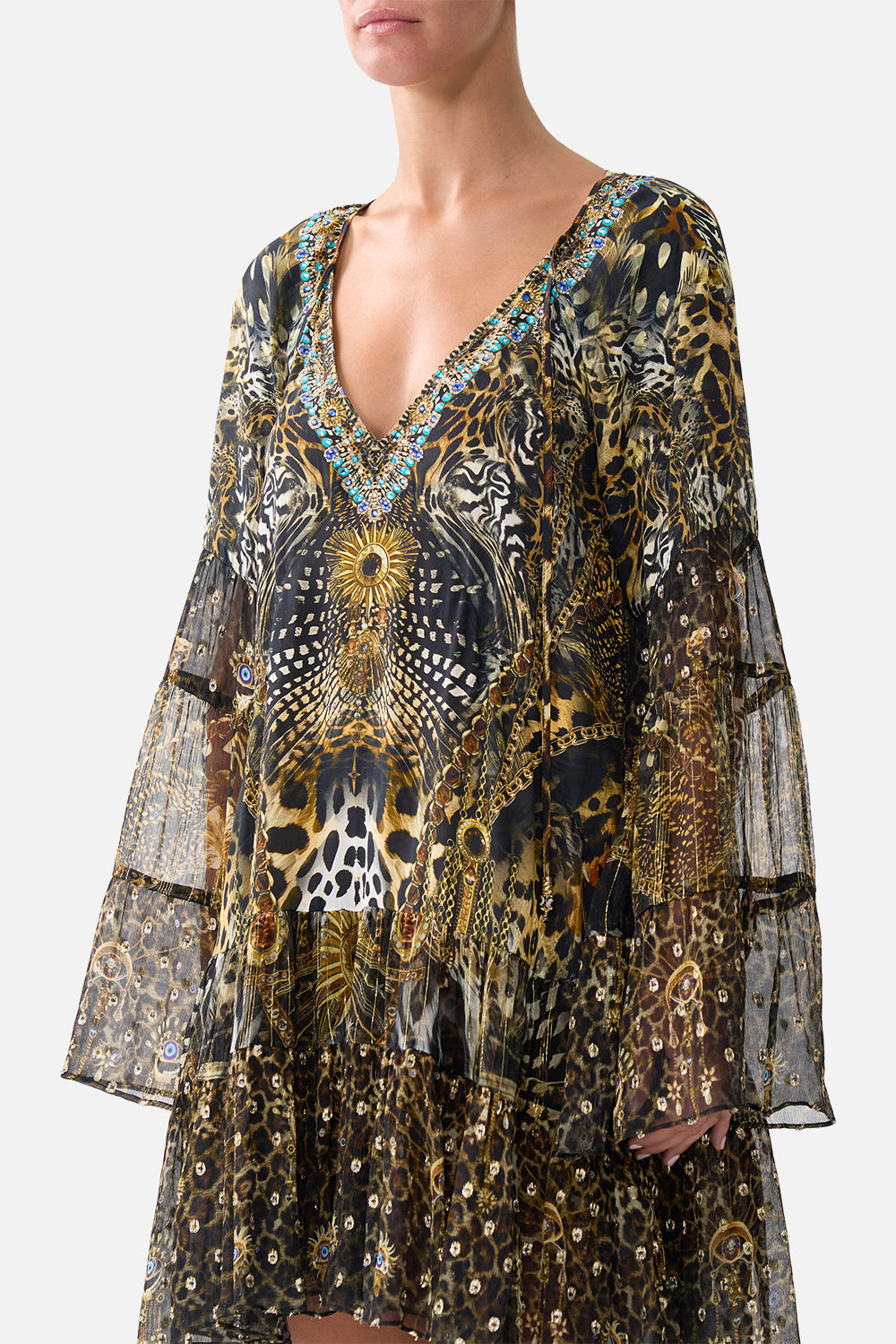 A-LINE GATHERED PANEL DRESS FELINE FOLKLORE