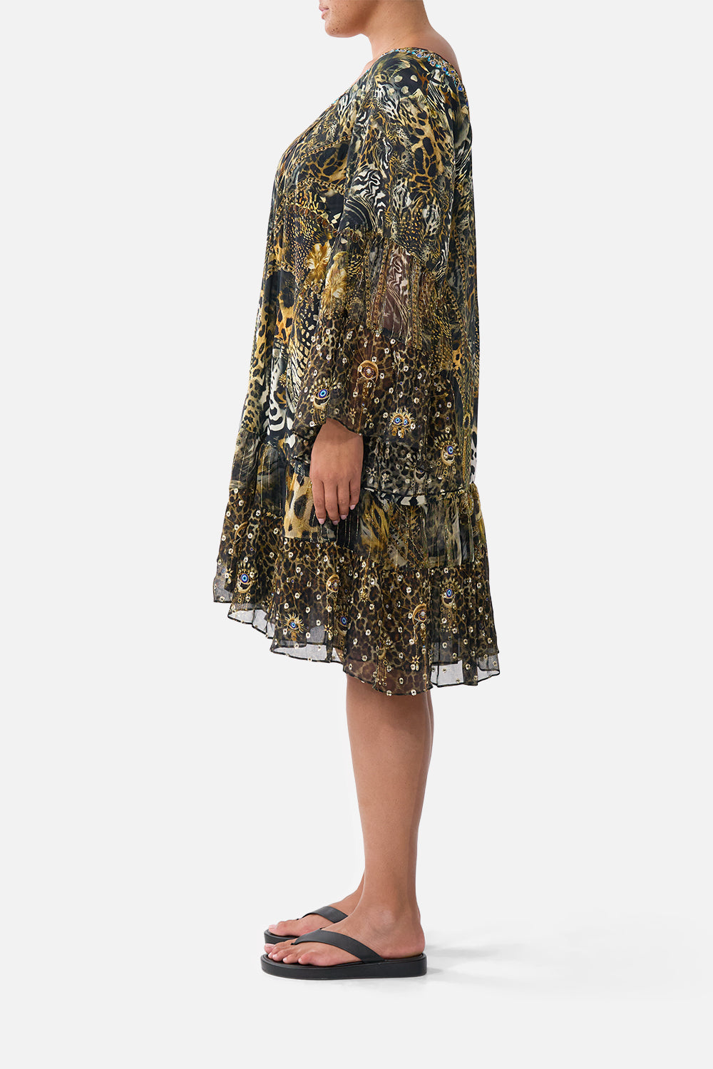 A-LINE GATHERED PANEL DRESS FELINE FOLKLORE