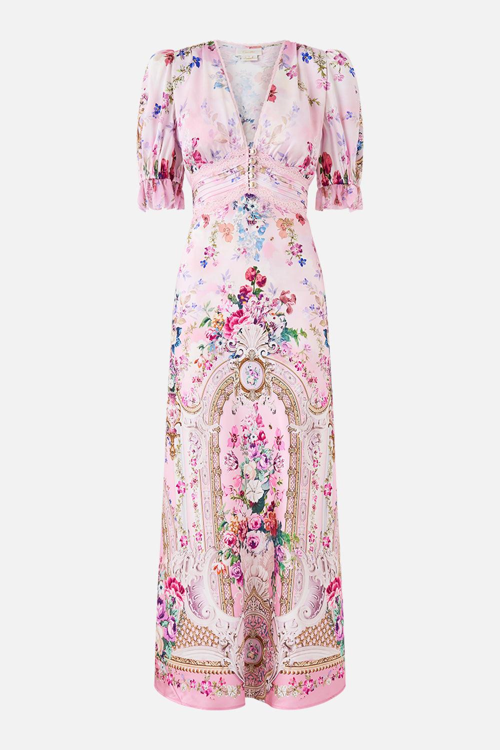 BIAS CUT MIDI DRESS WITH LACE INSERT PALATIAL PASTELS