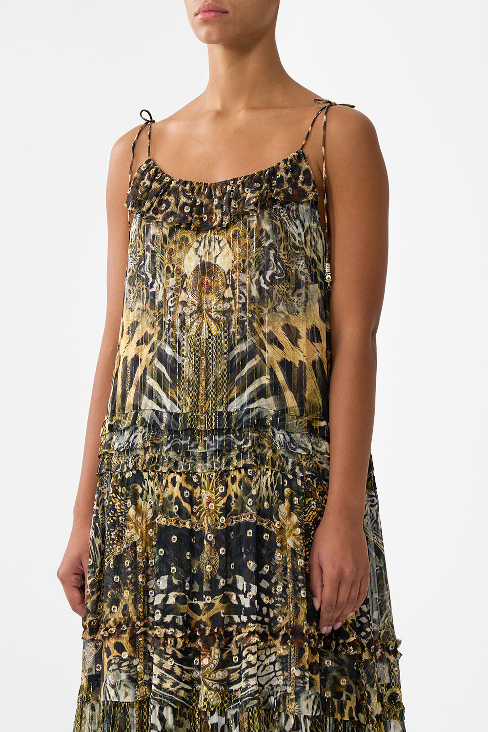 GATHERED TIERED DRESS WITH FRILL DETAIL FELINE FOLKLORE