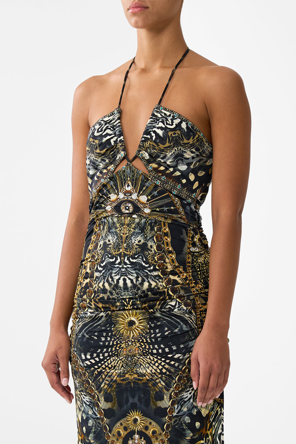 CUT OUT SLEEVELESS JERSEY HALTER NECK DRESS FELINE FOLKLORE