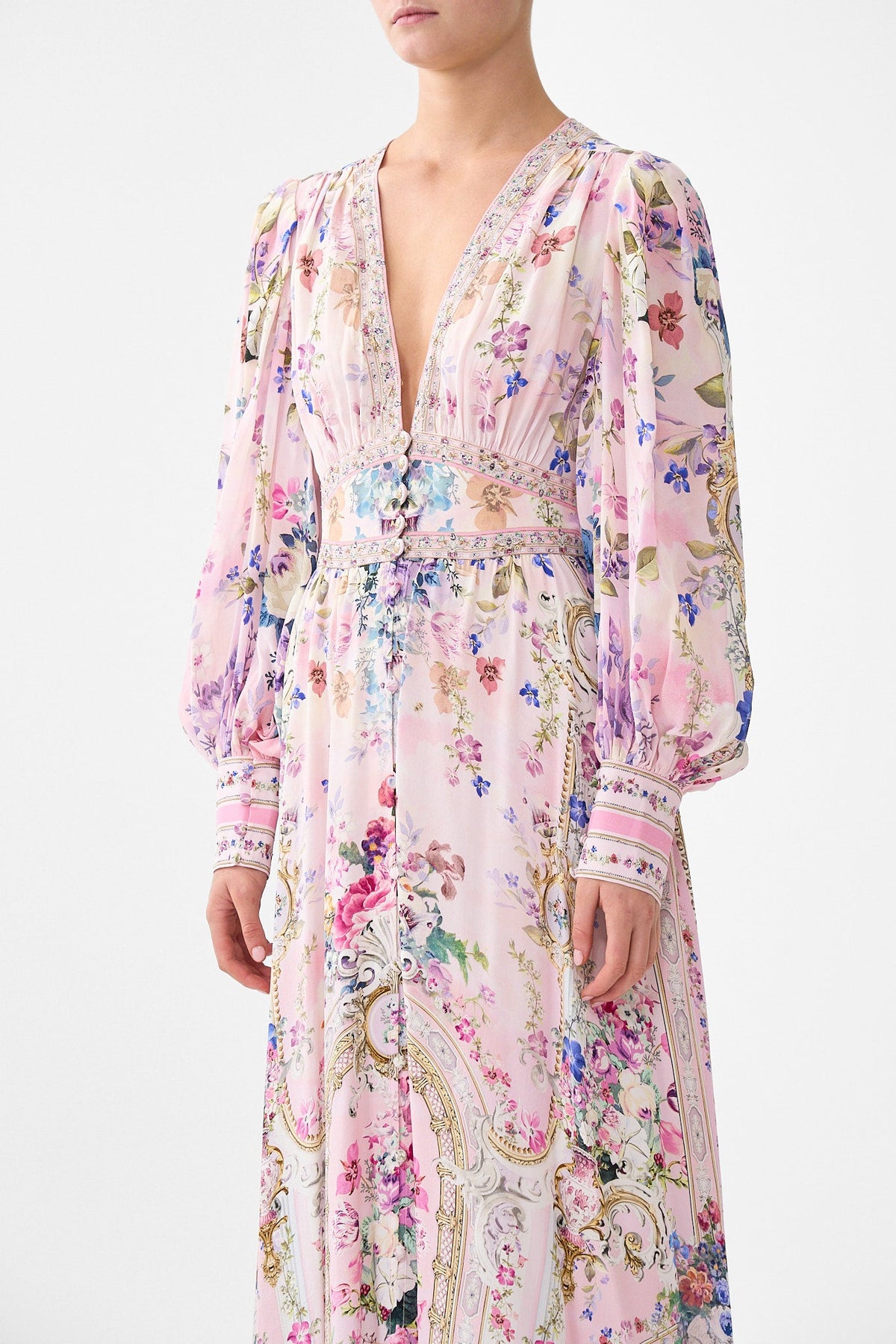 SHAPED WAISTBAND DRESS WITH GATHERED SLEEVES PALATIAL PASTELS