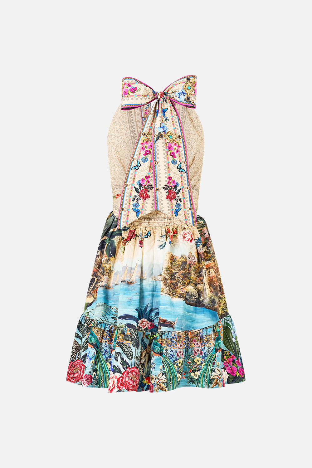 RUFFLE HEM HALTER SHORT DRESS BODRUM BOTANICALS