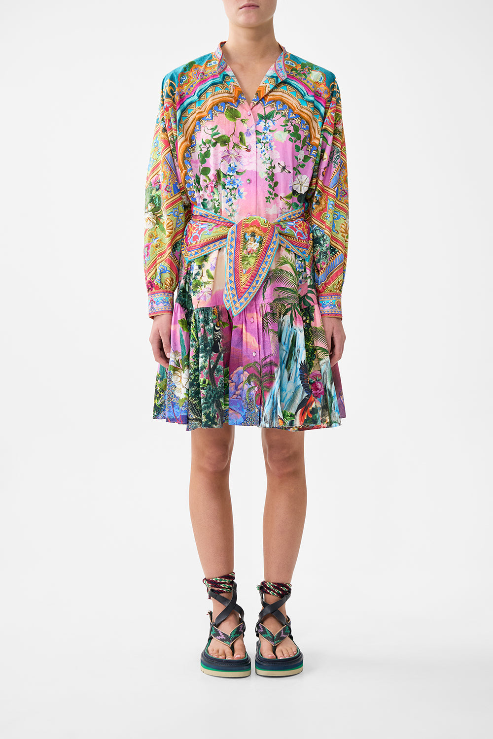 SHORT TIERED SHIRTDRESS WITH WIDE WAIST TIE TURKISH DELIGHT