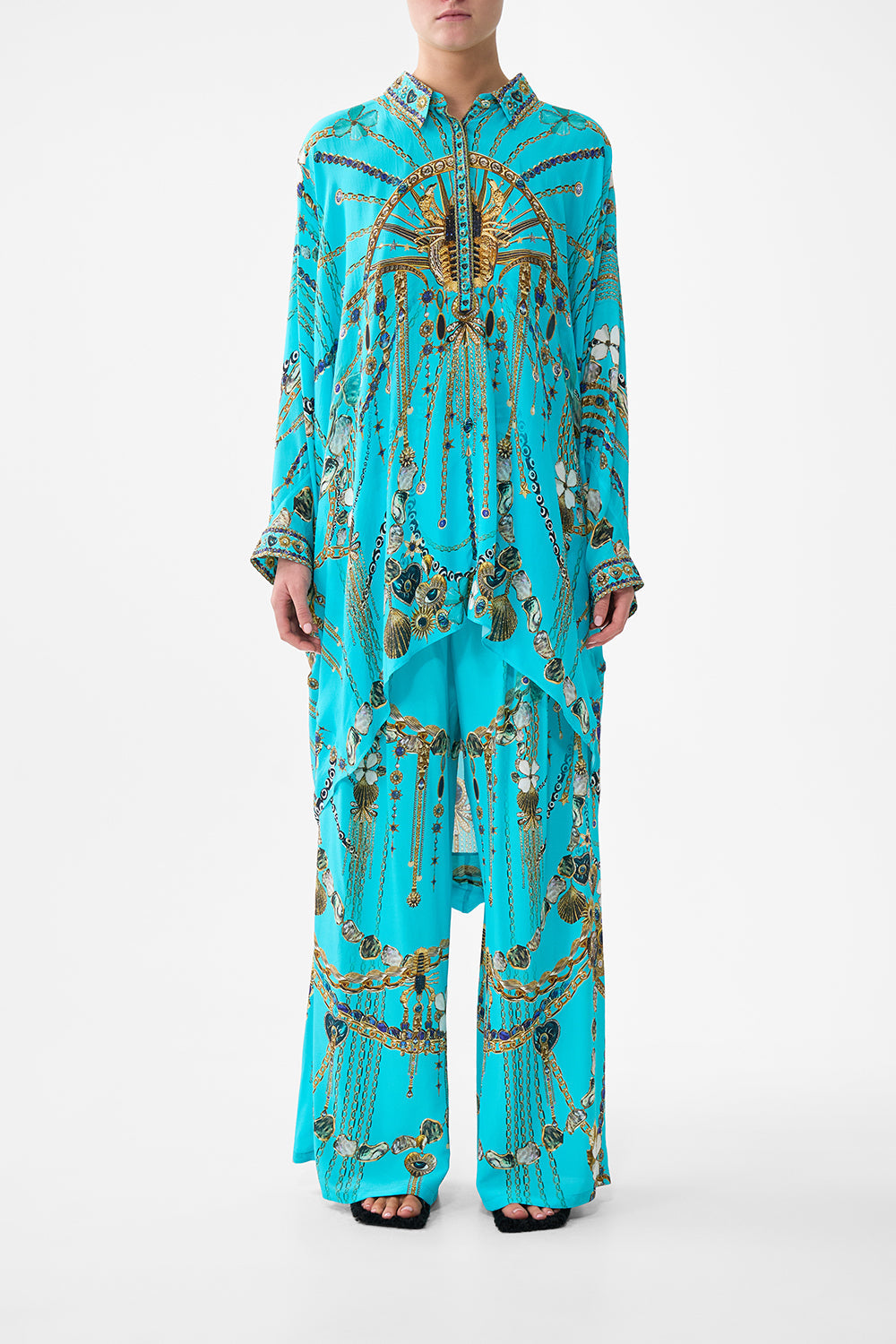 BUTTON UP TOP WITH DRAPED BACK TOTEMS AND TREASURES