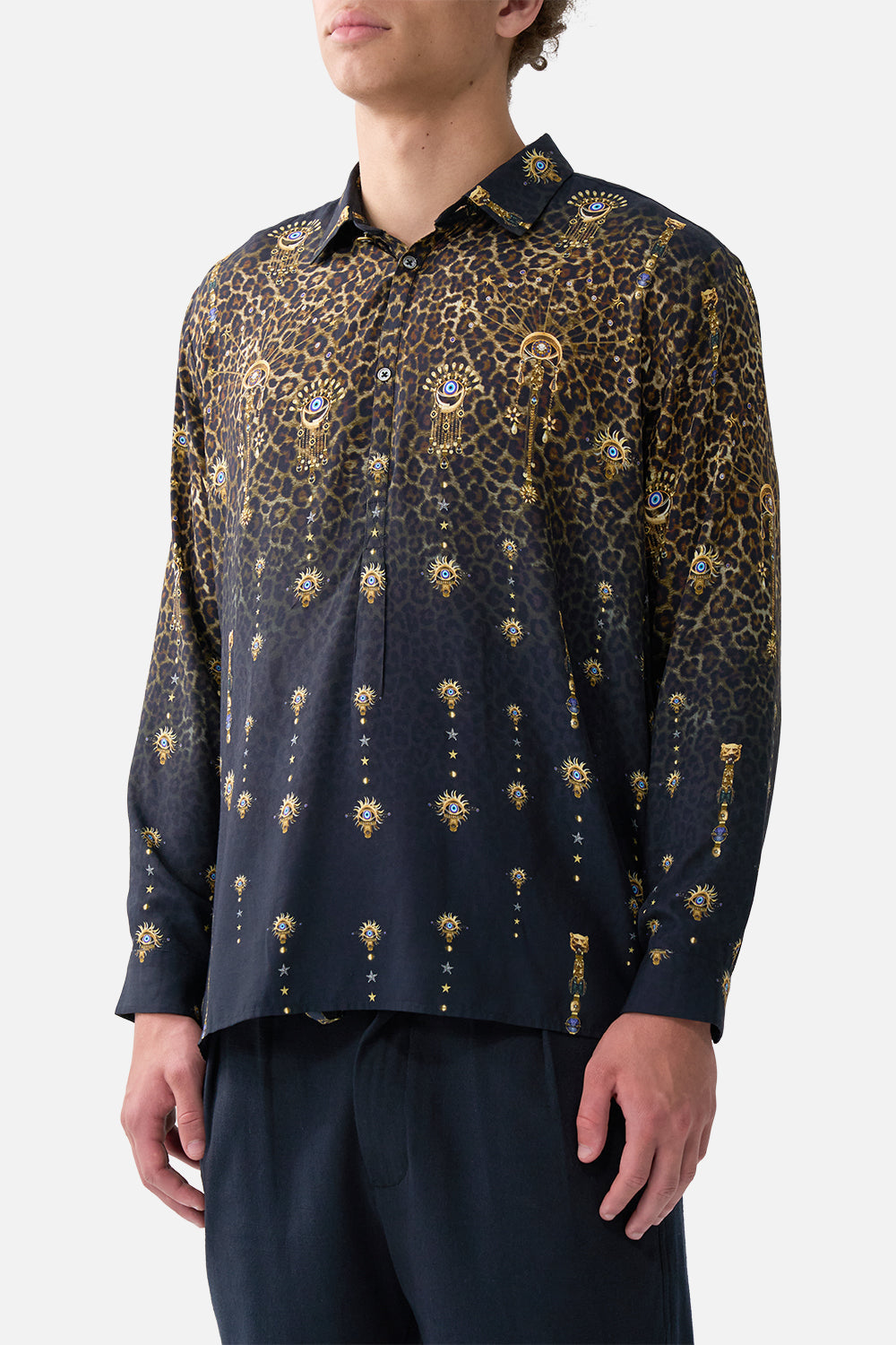 LONG SLEEVE HALF PLACKET TUNIC SHIRT FELINE FOLKLORE